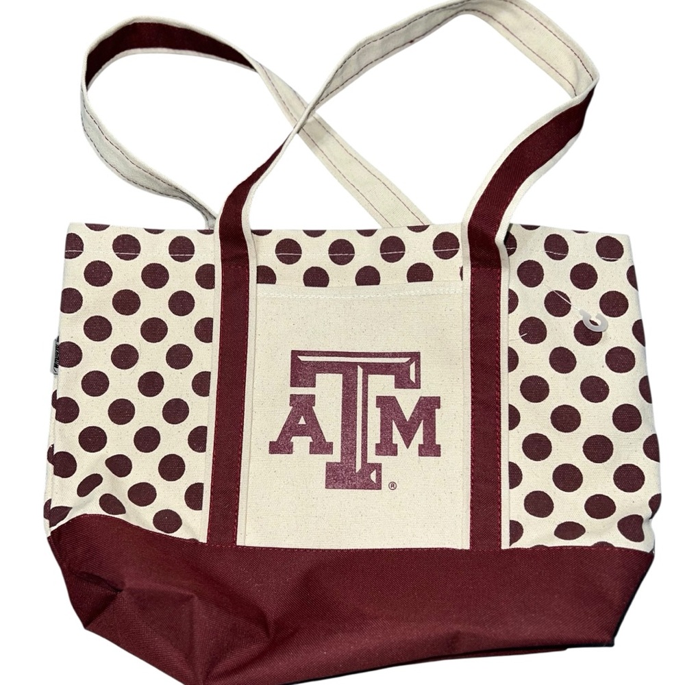 Desden A&M University Tote Bag Double Handle Canvas Beige Maroon Polka Dot EUC